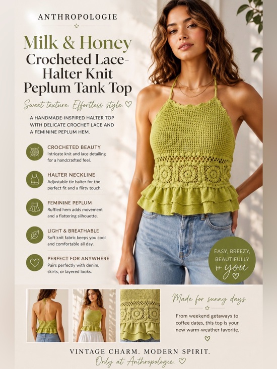 Anthropologie Tops - Anthropologie Milk & Honey Crocheted Lace-Halter Knit Peplum Tank Top - Green